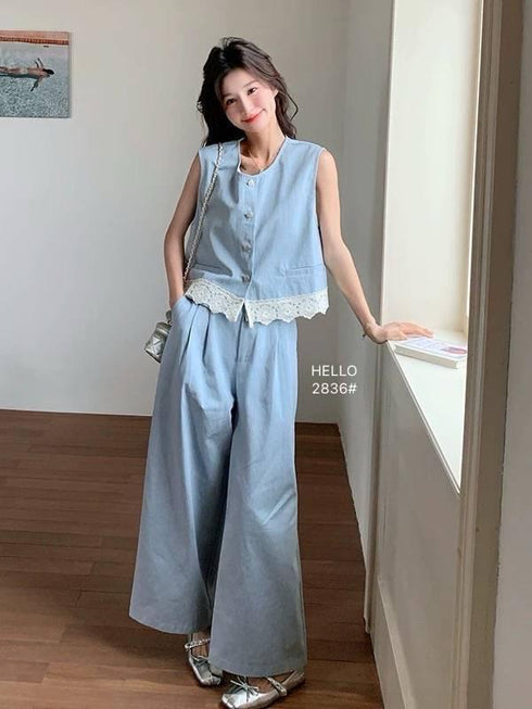 Women Classy Sleeves Lace Border Vest With Trouser Sets